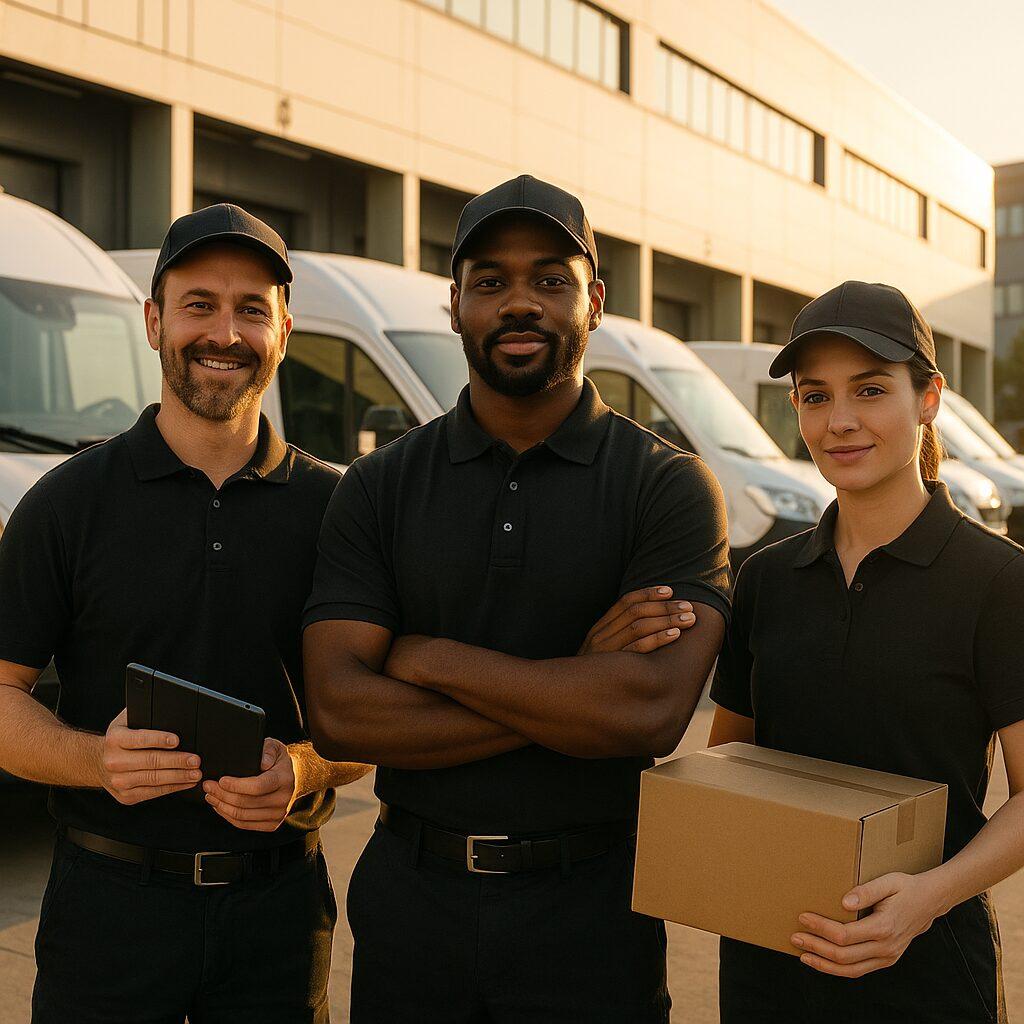 Professional delivery team at organized logistics depot