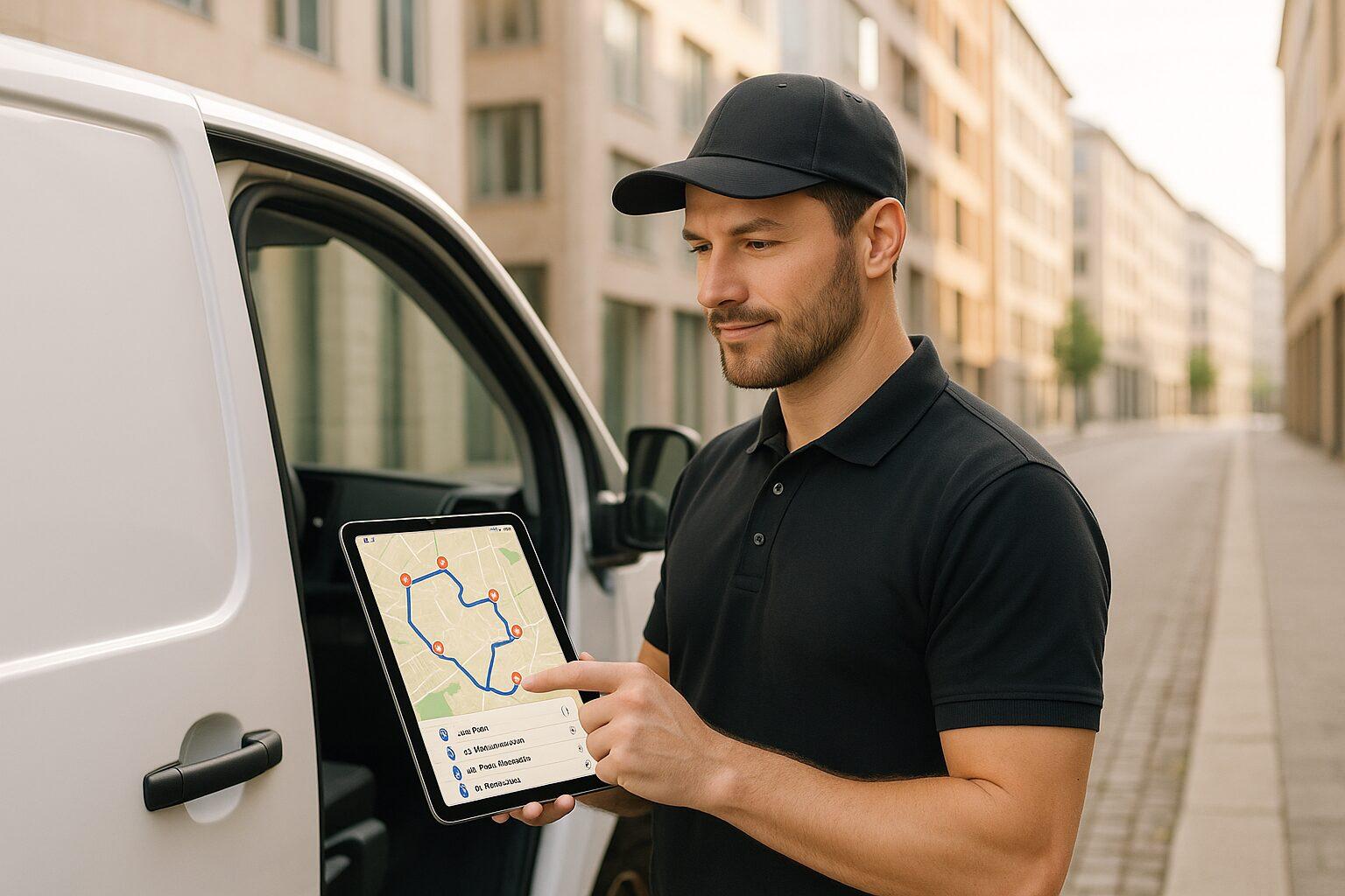 Professional delivery driver receiving tour on tablet device