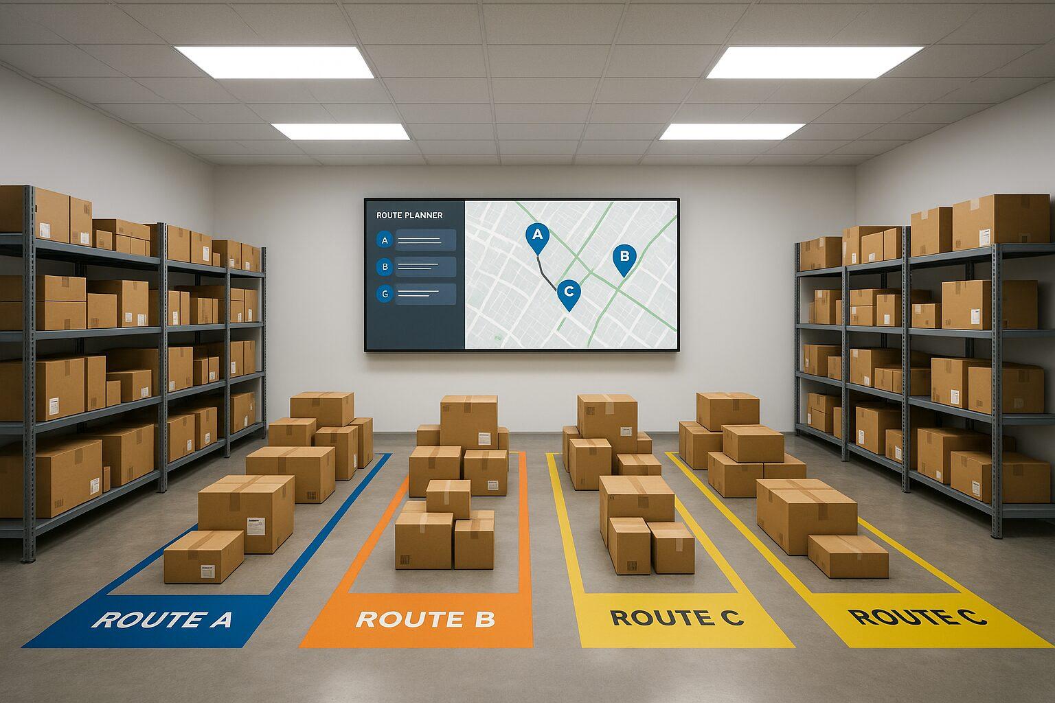 Modern warehouse staging area with organized delivery zones