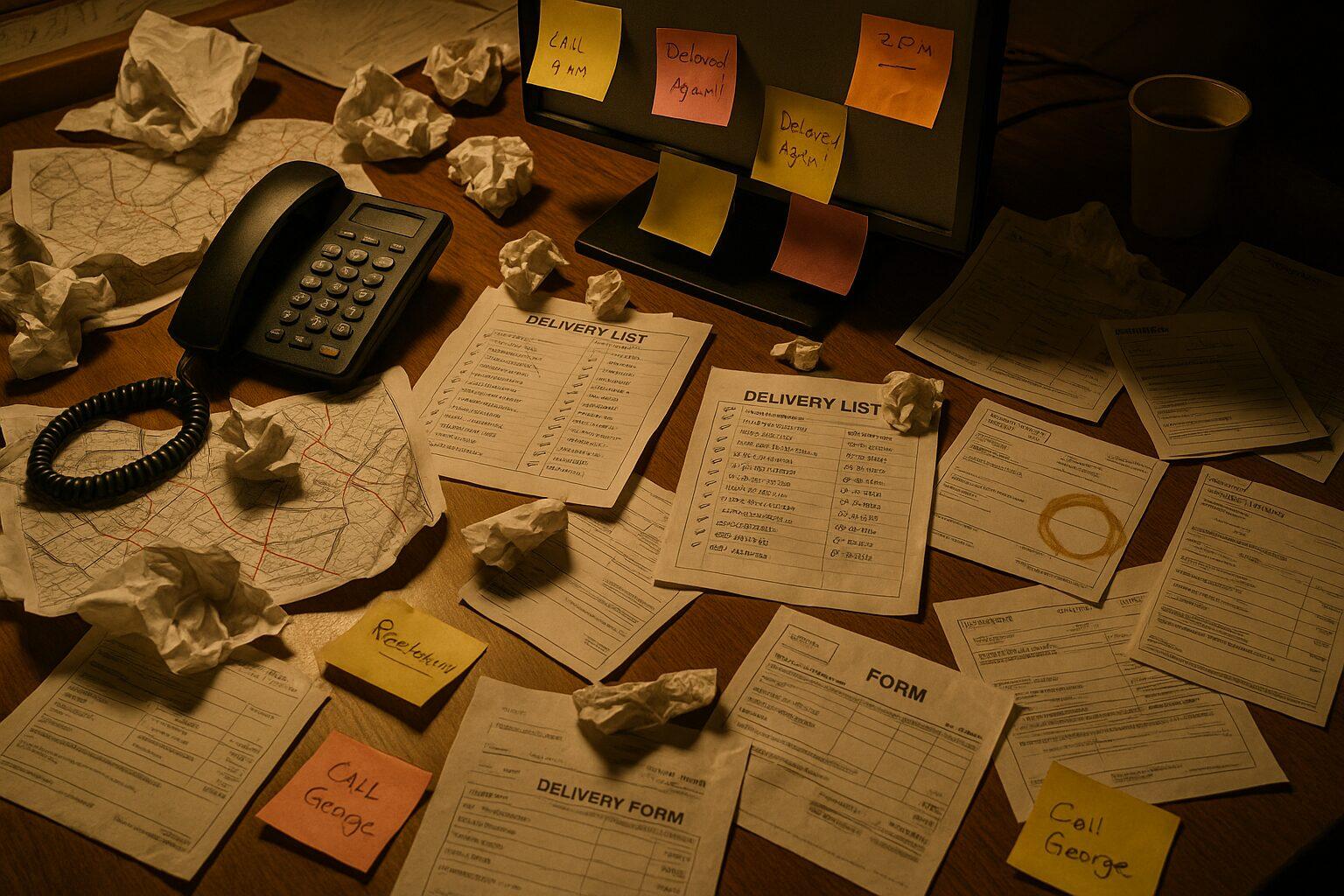 Chaotic logistics desk with scattered paper maps and delivery forms
