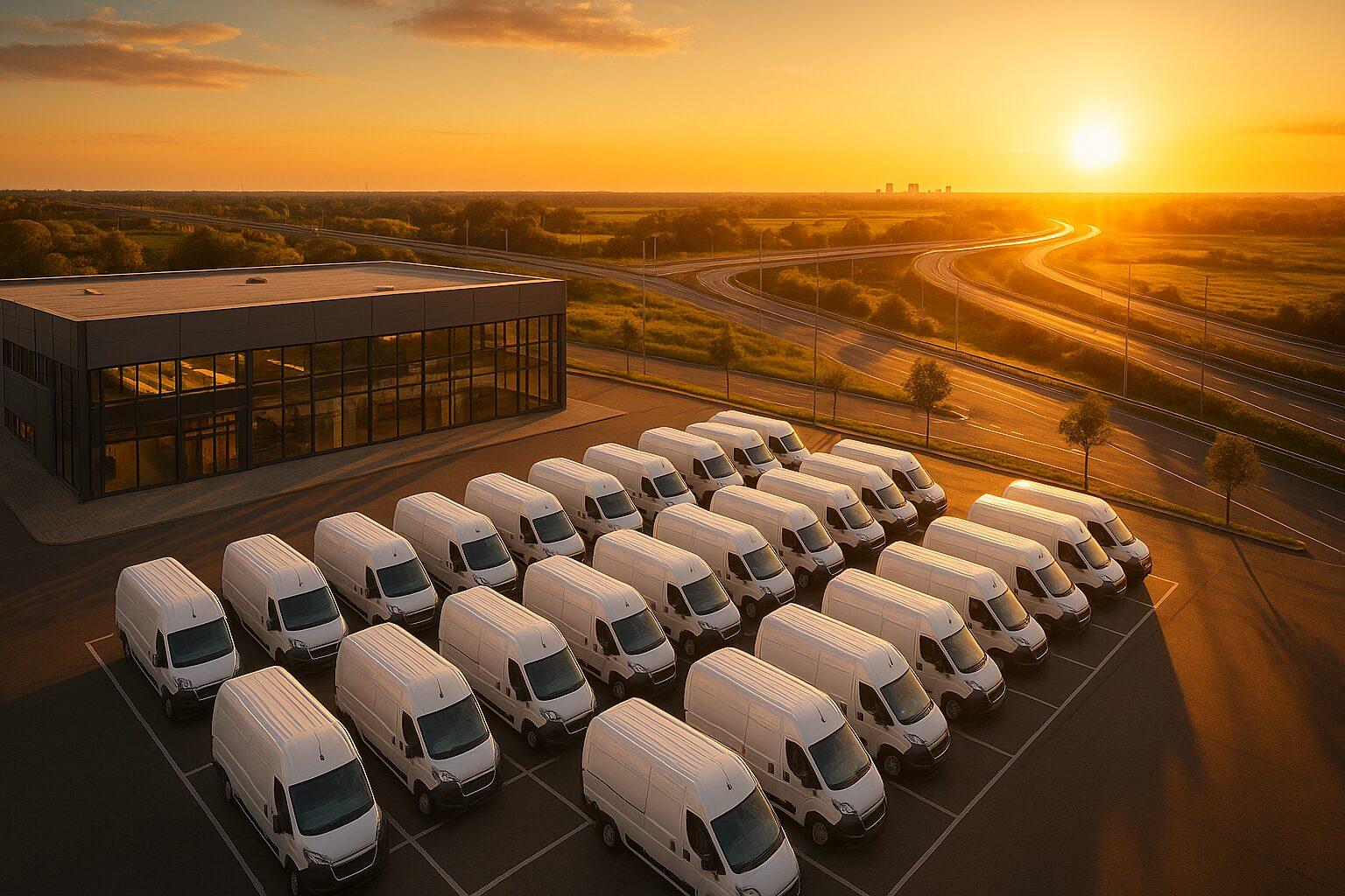 Aerial view of modern logistics hub with organized delivery fleet at golden hour